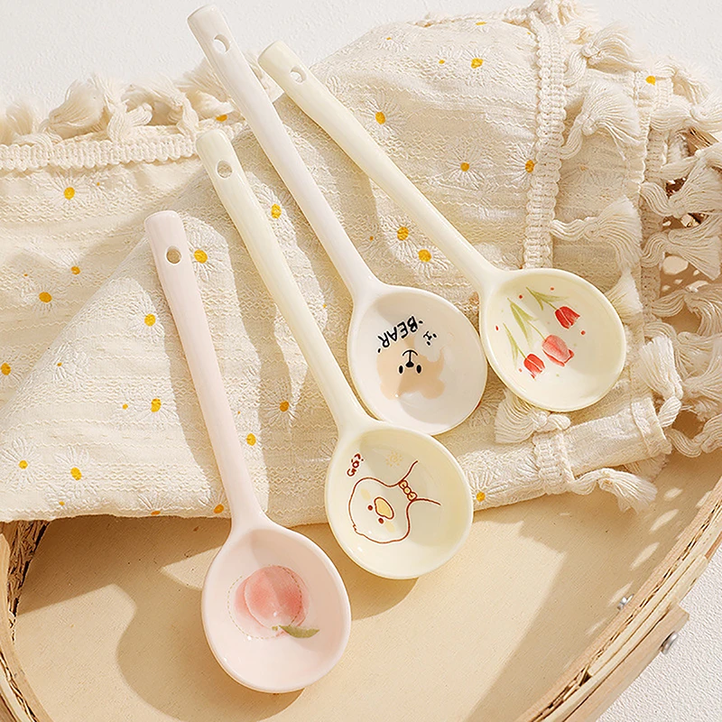 Ceramic Soup Spoon Cereal Spoon Cute Household Tableware Painted Coffee Spoon Jam Spoon Gift Dessert Scoop Kitchenware