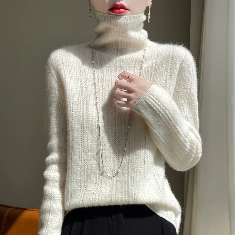 New sweaters in autumn and winter 100% pure wool women\'s high neck solid color jacquard fashion loose knit cashmere sweater