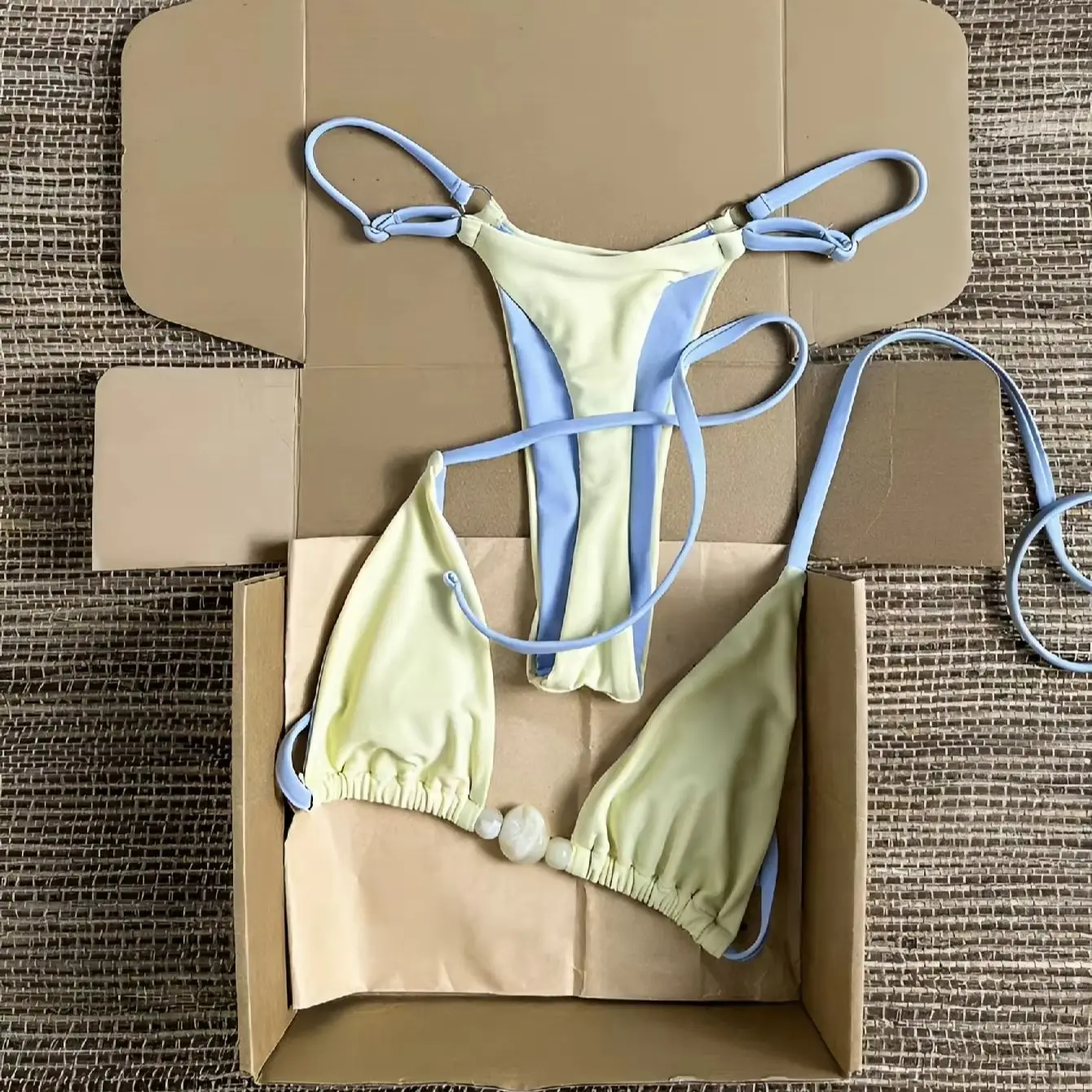 Two Tone Cream Blue Pearl Decor Bikini Set Women High Cut Beach Bathing Suit.