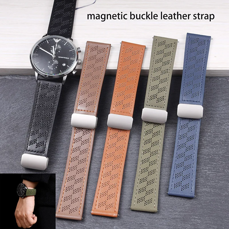 

Breathable microporous full-leather Crazy Horse pattern magnetic buckle strap for HUAWEI GT3/4 Samsung WATCH watch strap