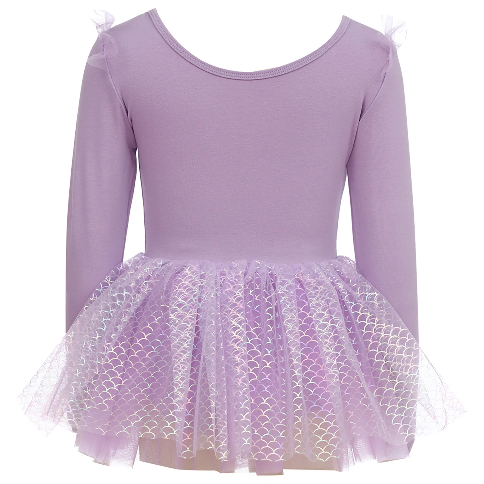 Kinderen Meisjes Ballet Dans Jurken Sheer Mesh Ruche Lange Mouw Glanzende Pailletten Patchwork Schubben Tule Tutu Jurk Danskleding