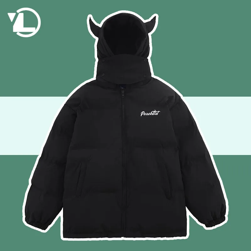 High Street Parkas Men Hip Hop Harajuku Little Devil Horns Hooded Padded Jacket Winter Thick Warm Puffer Parka Vintage Outwear