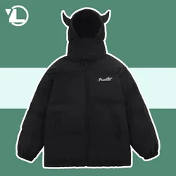 High Street Parkas Men Hip Hop Harajuku Little Devil Horns Hooded Padded Jacket Winter Thick Warm Puffer Parka Vintage Outwear