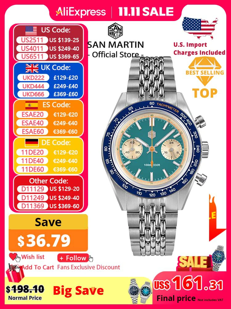 

San Martin Новый хронограф VK64 Кварцевые часы Оригинальный дизайн 39,5 мм Мужские спортивные деловые деловые часы Водонепроницаемые 100 м SN0116