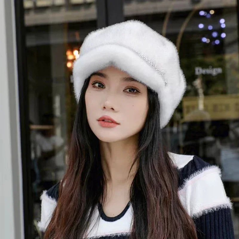 Winter Hat For Women Fashion Faux Fur Fluffy Duck Tongue Hat Female Warm Ear Protection Hats Outdoor Thicken Wind Snow Caps