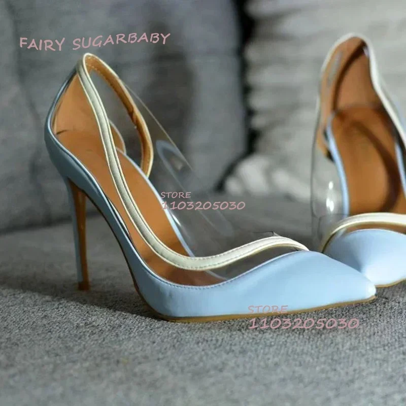 

Light Blue Pointed Pvc White Line Heels Women Pump Casual Shallow Side Hollow Sandals Leather Patchwork Stiletto Party Girl Shoe