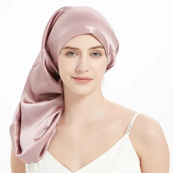 100% Pure Mulberry Silk Bonnet Sleep Hair Cap Long Bonnets With Elastic Hair Bands Adjustable Straps for Women Headwrap 19 Momme