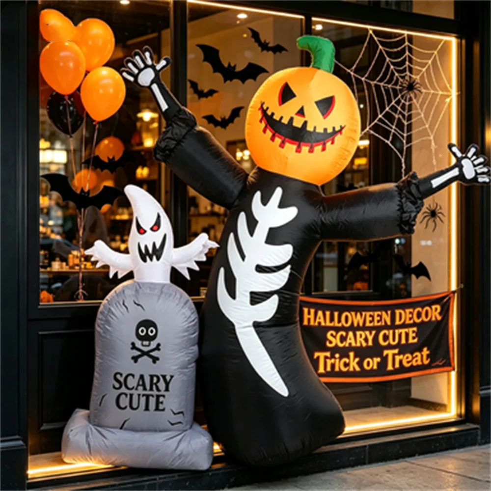 8 FT/2.4M Halloween Inflatable Skull Pumpkin Man with LED Lights Outdoor Garden Lawn Holiday Party Decoration Props Gravestone