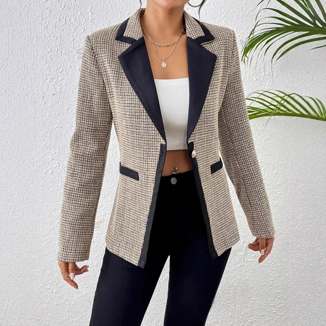 

Spring High-End Women's Small Suit Jacket Fashionable Houndstooth Color-Block Plaid Design for Stylish Upper Wear
