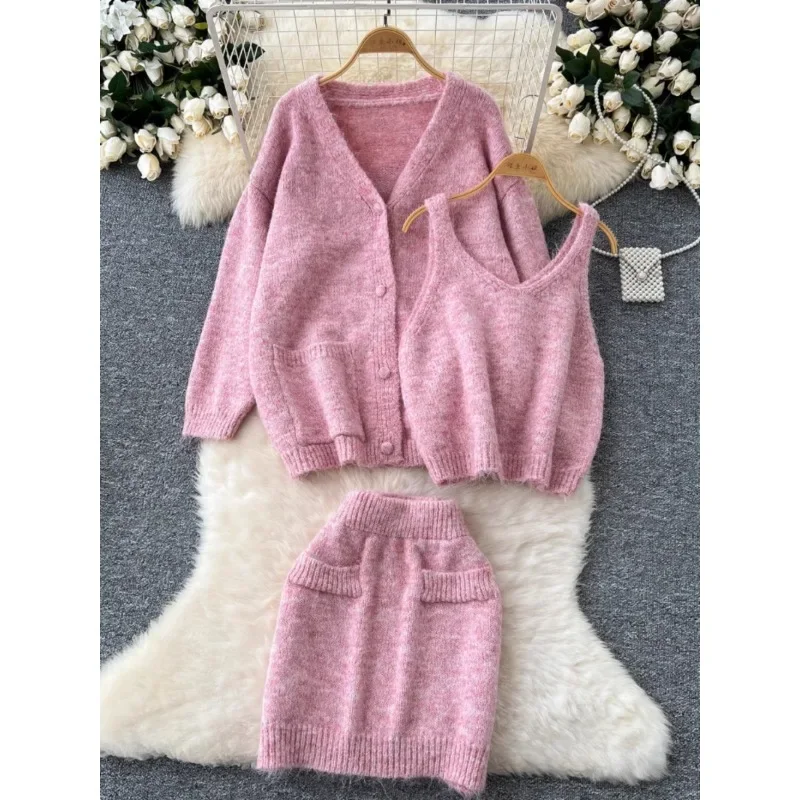 Korean Warm Skirts Sets Women Sweet Inner Camisole Long Sleeve Knitted Shawl Jacket Sweater Skirt Autumn Women Two-piece Suit