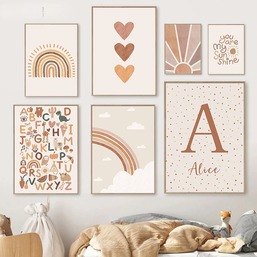 ABC Poster Boho Wall Art Prints Heart Rainbow Nursery Posters Alphabet Art Painting Nordic Wall Pictures Girl Room Decoration