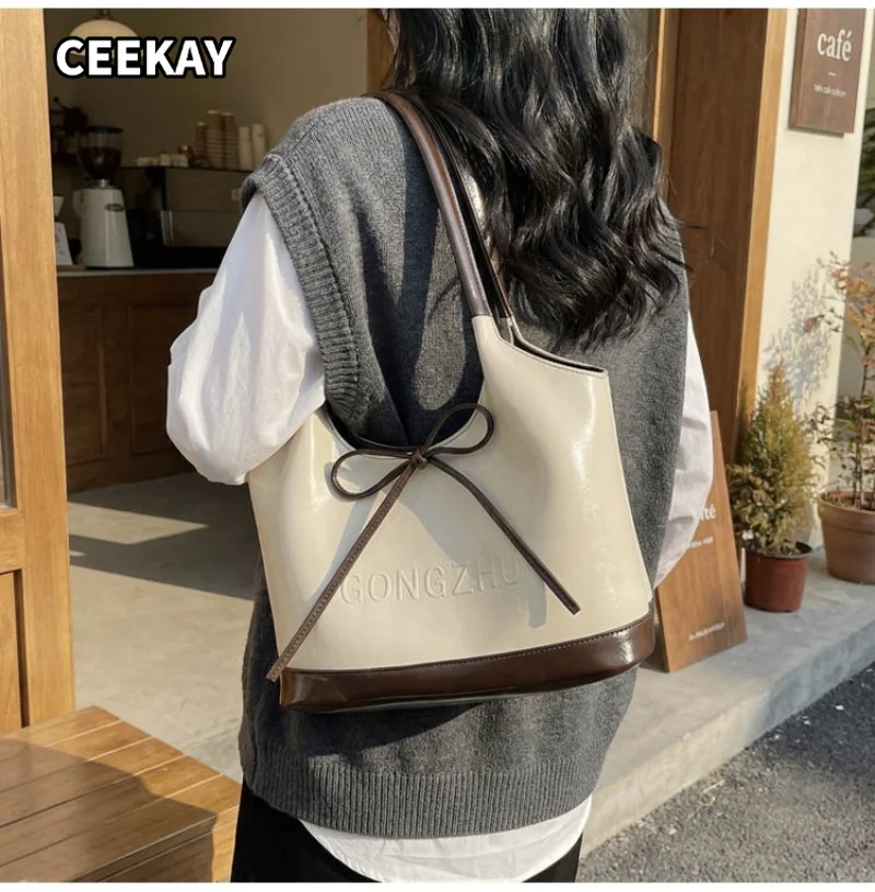 CEEKAY Women's Tote Bag Cream White Splice Brown Leather Large Shoulder Handbag Bow Letter Detail Daily Casual Minimalist