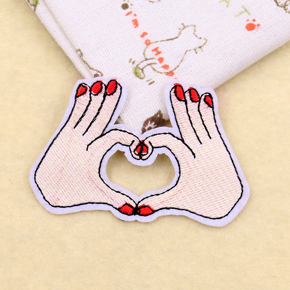 Fashion Hands with Red Nail Polish Embroidery Cloth Stickers Posts Gestures Heart Shape Prayer DIY Clothes Patches Accesssories