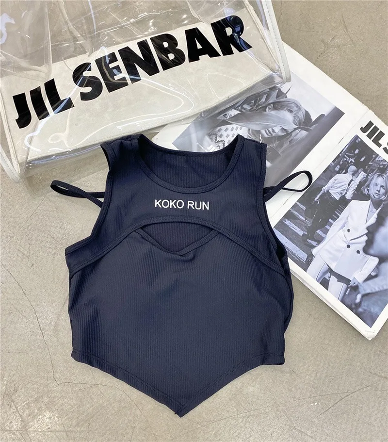 

Hauts courts décontractés pour femmes, tricot irrégulier, Camisole ajourée, faux deux pièces, débardeurs avec coussinet de souti