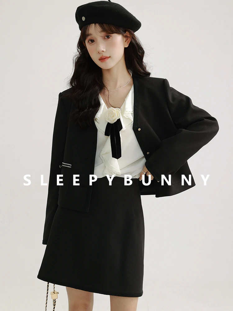 

Elegant Chic Outfit Black Short Jacket with High Waist Skirt and White Ruffle Blouse Autumn Casual Two Piece Fashion Set Women