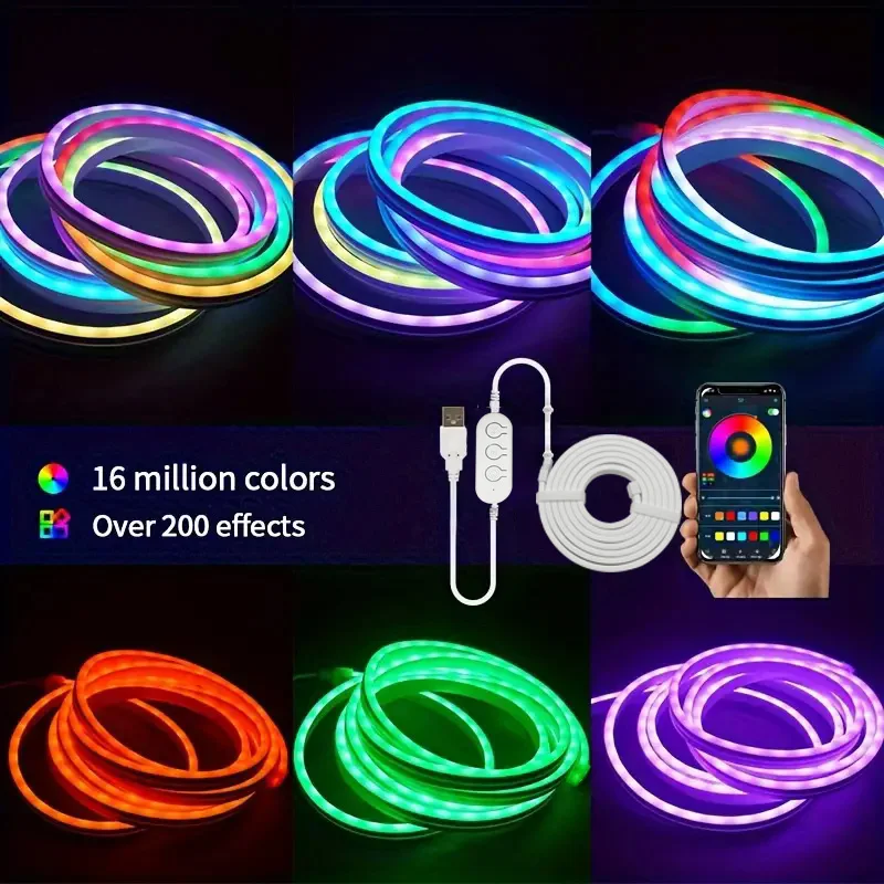 USB Neon LED Strip Lights 5V Neon Rope Light with Music Sync DIY RGBIC Dreamcolor Chasing Strip Tape for Room Game Ambient light