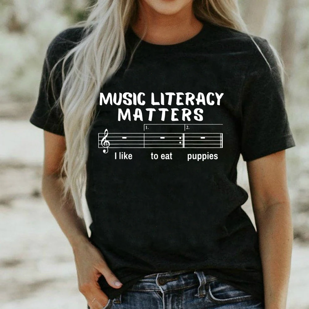 Music Literacy Matters I Like To Eat Puppies T Shirt Musicians Music Teachers Gift Funny Top Tees