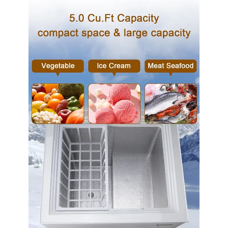 5.0 قدم مكعب، فريزر عميق مدمج، صغير قابل للتعديل، 7 ترموستات، باب منخفض الضوضاء مع سلة قابلة للإزالة باللون الأبيض