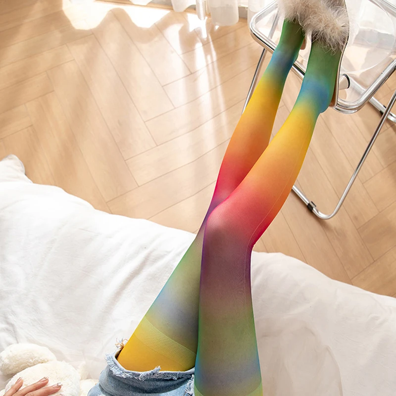 Women Sheer Tights Personalized Rainbow Gradient High Waist Pantyhose Spring Cute Thin Stockings Long Socks