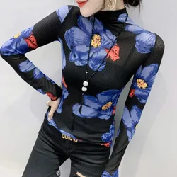 #4225 Floral Printed Mesh T Shirt Women Casual Vintage Sexy Long Sleeve Tight Thin Women's T-shirt Turtleneck Top Female Black