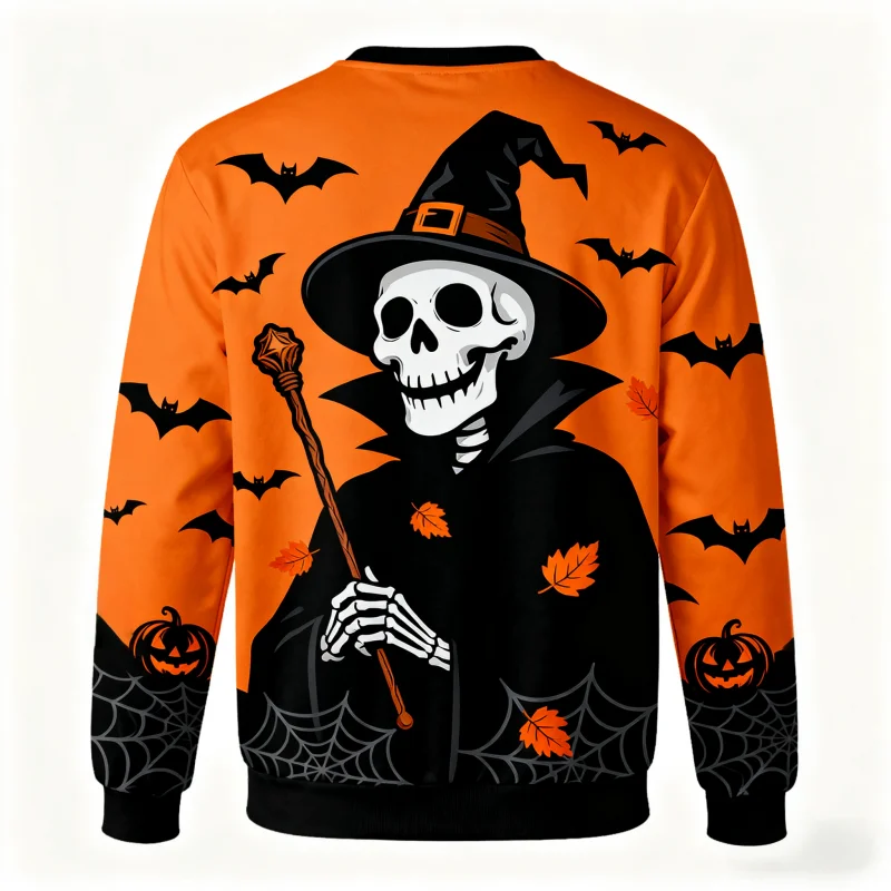 

3D Printed Motor Men's Halloween Sweatshirts: Skeleton Mage, Pumpkin & Bat Patterns, Ideal for Halloween Fun