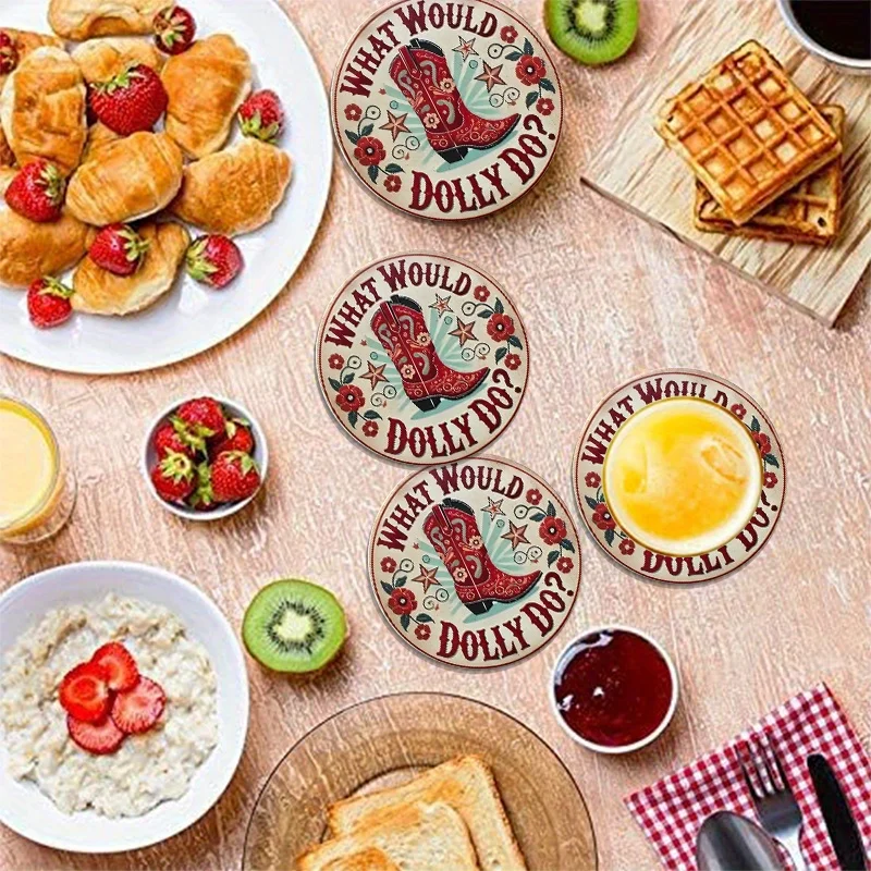 Vintage Western Boot Design 2D 6PCS Wooden Coaster Lightweight Coffee Shop Office Home Decor Housewarming Desktop Protection