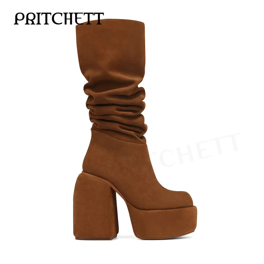 Suede High Platform Pleated Boots Round Toe Black Brown Thick High Heel Side Zipper Knee-High Boots Fashion Women Boots