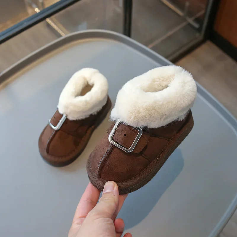 Kids Snow Boots Non-slip Girls Ankle Boots with Fur 2024 Winter New Fashion Children Princess Boots Slip-on Metal Decoration