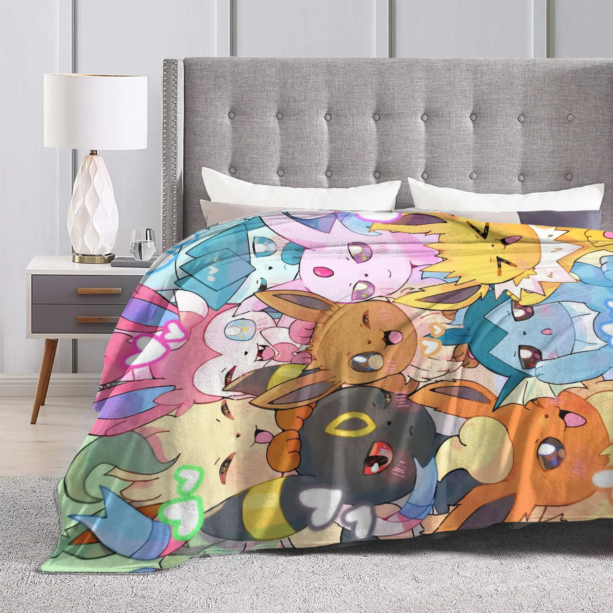 Eevee Eeveelution Pokemon Coperta lavorata a maglia carina Flanella Coperte leggere e sottili per divano per auto Copriletto