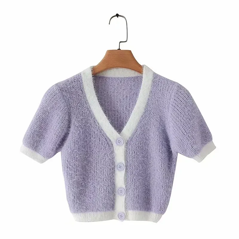 2021 Women Vintage Pink Cardigan Knitted Cute Sweater Punk Crop Sweater Knit Cardigans Cute Kawaii Purple Clothing Korea Style