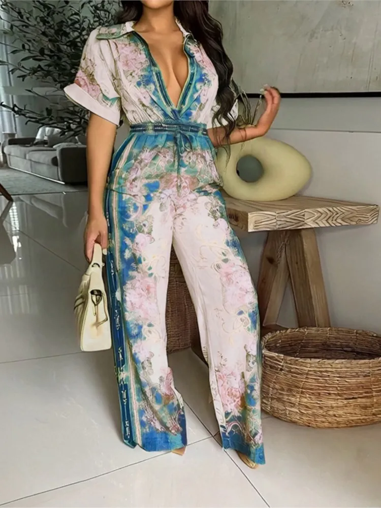 بذلة نسائية أنيقة للربيع والصيف للتنقل، أزياء مطبوعة وطية صدر السترة وأكمام قصيرة وخصر عالٍ، بدلة قفز فضفاضة واسعة الساق