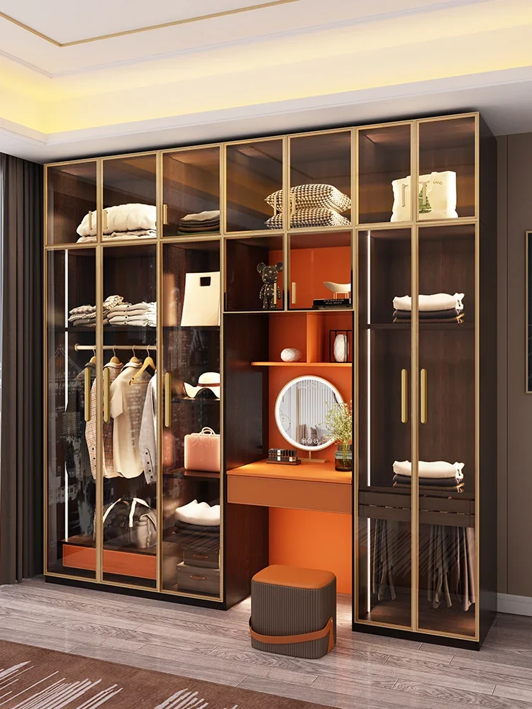 Solid Wood Wardrobe Light Luxury Glass Door Household Bedroom Corner Large Wardrobe Modern Simple Overall Cloakroom Storage