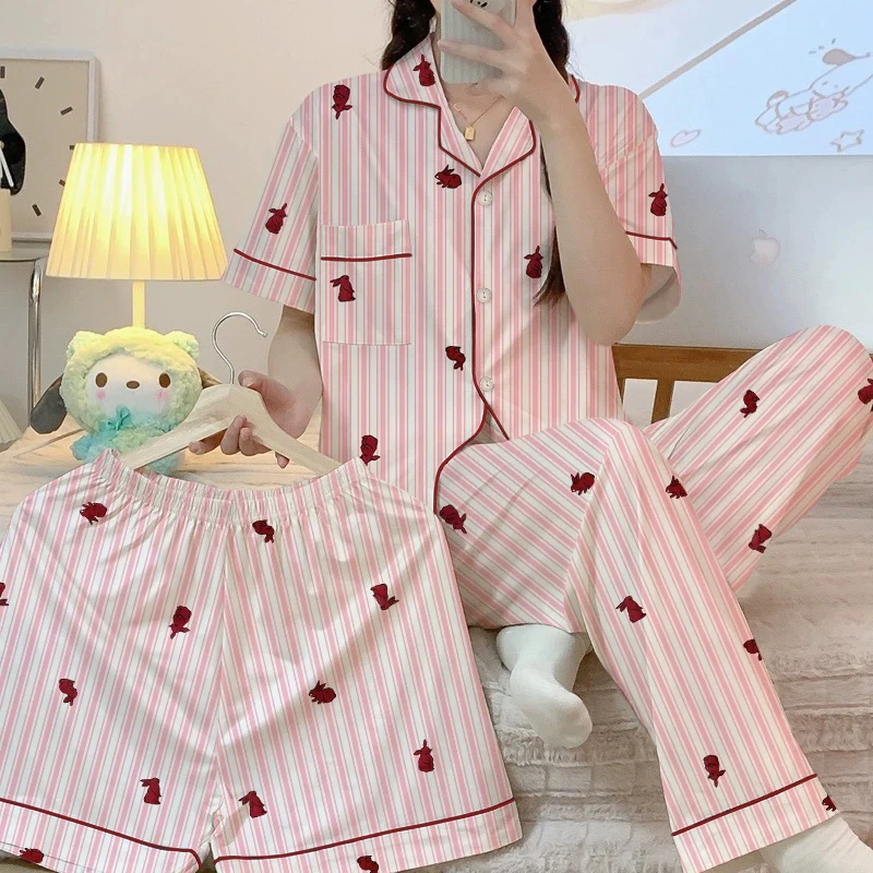 

Женские пижамы в полоску с кроликом Y2K, короткие летние женские пижамы из 3 предметов, новый повседневный корейский модный домашний комплект, женская одежда 2025