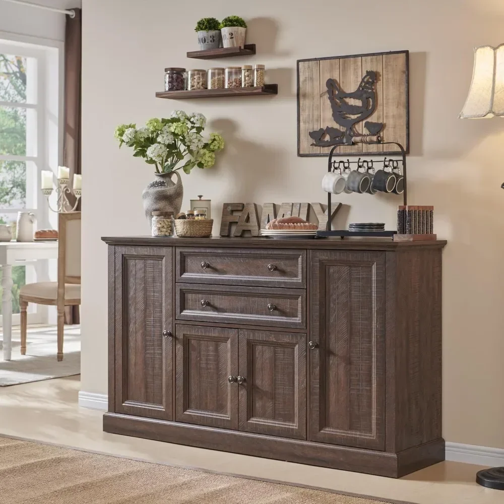 

Farmhouse 58" Buffet Cabinet with Storage, 34" Tall Coffee Bar Cabinet w/2 Large Drawers & 4 Grooved Barn Doors, Wood Rustic