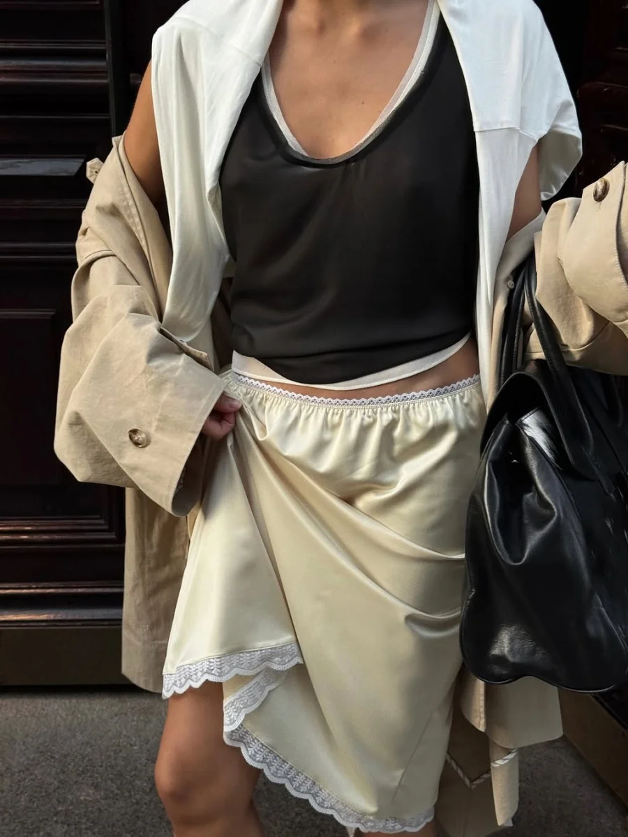 Новая мода атласная юбка-миди платье женская новая кружевная лоскутная элегантная юбка осень с высокой талией однотонная кружевная юбка трапециевидной формы наряды