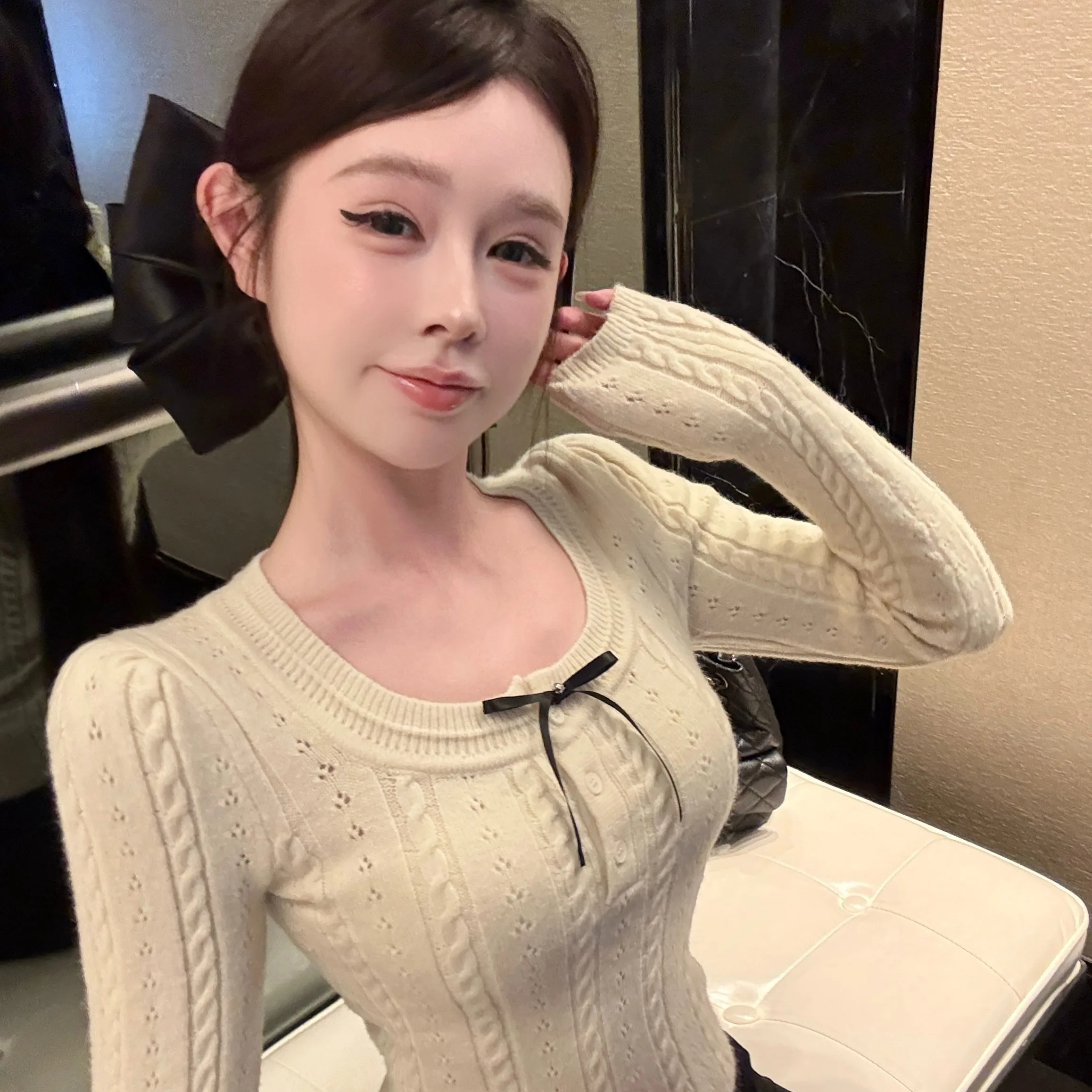 Suéter de malha torcida de design coreano ort sle feminino slim fit outono inverno nova chegada elegante fibra de poliéster