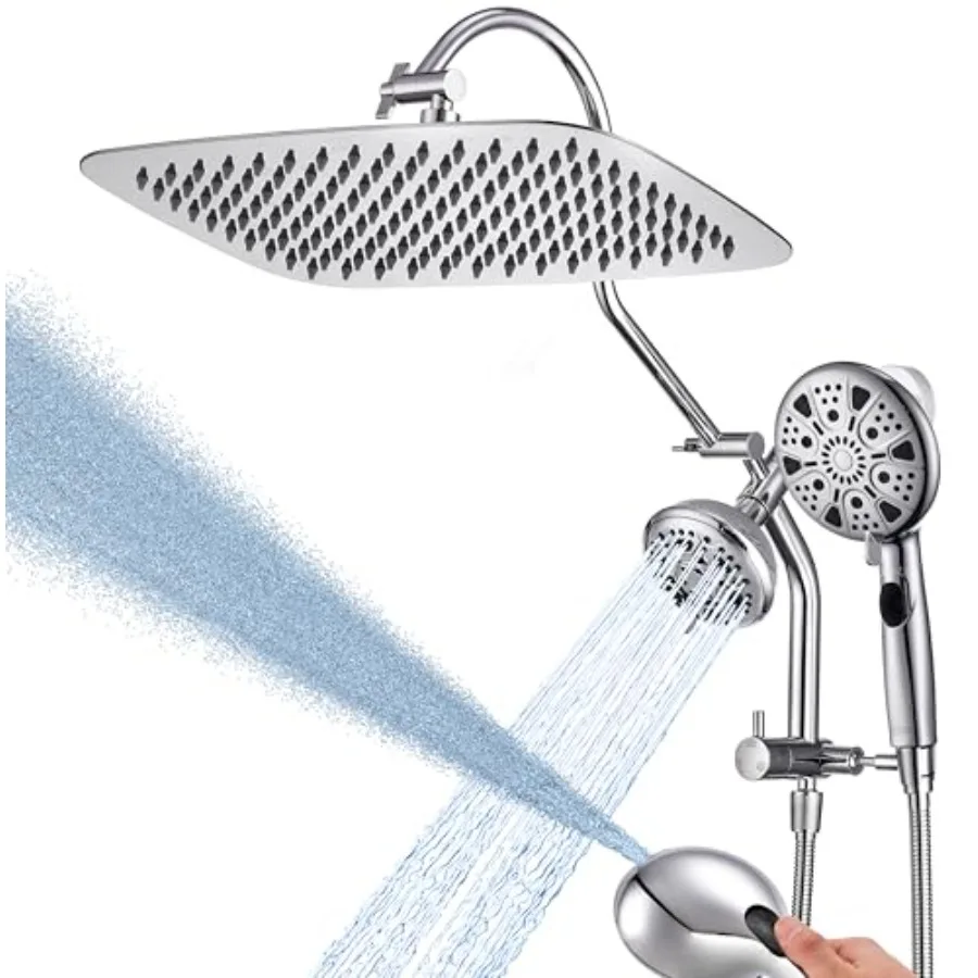 

Bathroom metal rain shower head combo: 12-inch fixed + handheld, stainless steel, silver, 7+2 spray functions with massage mode