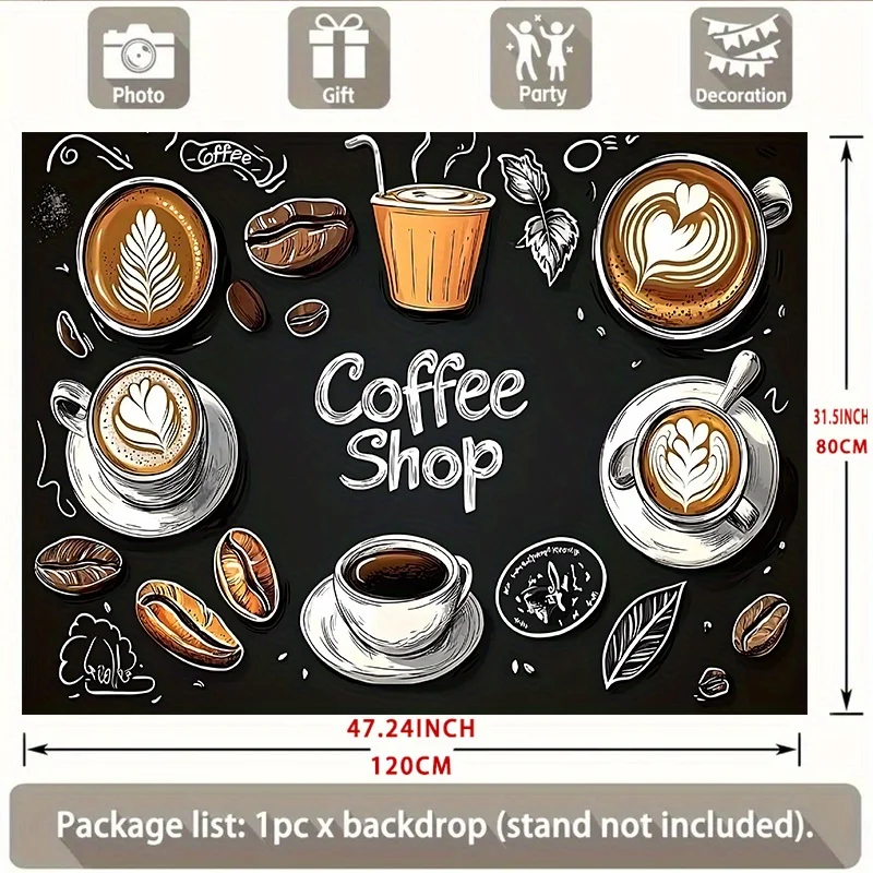 Coffee Latte Art Tapestry – Black Background Wall Hanging with Coffee-Themed Illustrations for Home, Café, or Event Décor 3
