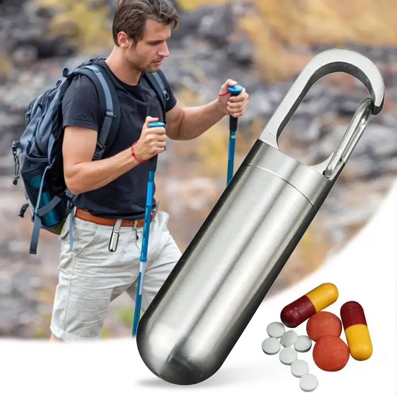 1pc Portable Stainless Steel Medicine Bottle Keychain Case Container Waterproof HolderDrug Pill Box Keyring For Outdoor Camping