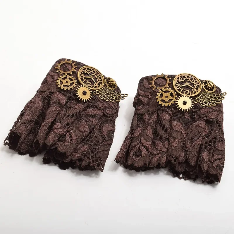 Punhos de pulso Steampunk para mulheres, luvas góticas, luvas punk, manga manual Lolita Cosplay, pulseiras de renda com babados marrons