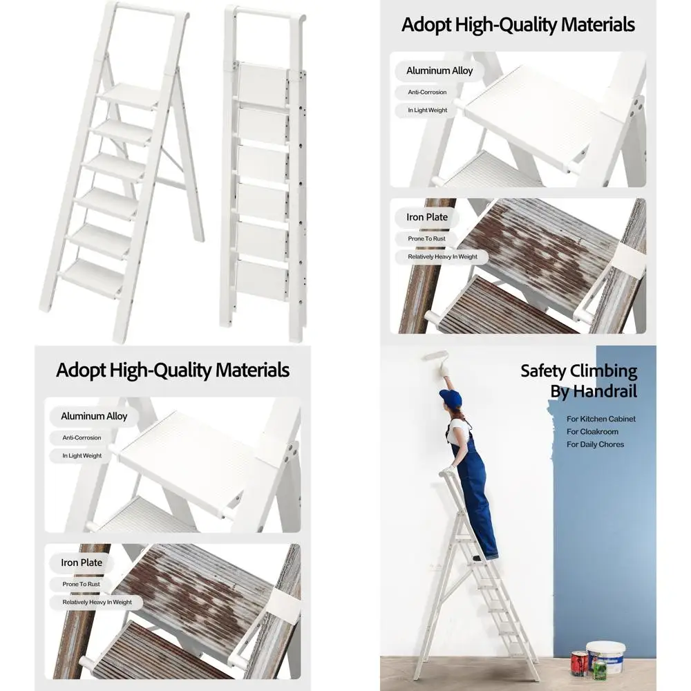 

Aluminum 6-Step Folding Ladder with Handgrip, 330lbs Capacity for Home and Office Use (White)