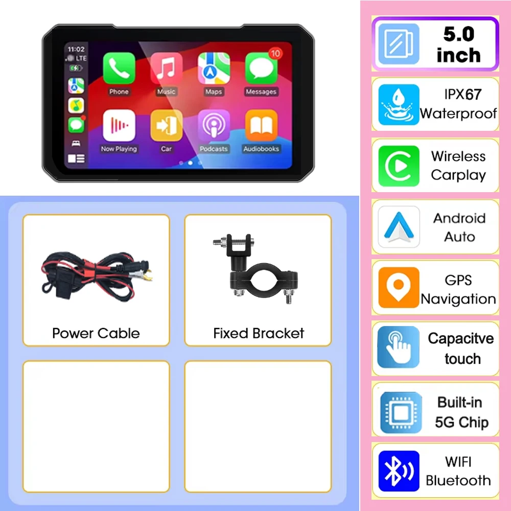 Écran d'affichage de Moto de 5 pouces, Carplay, Navigation, tableau de bord numérique Portable, Moto