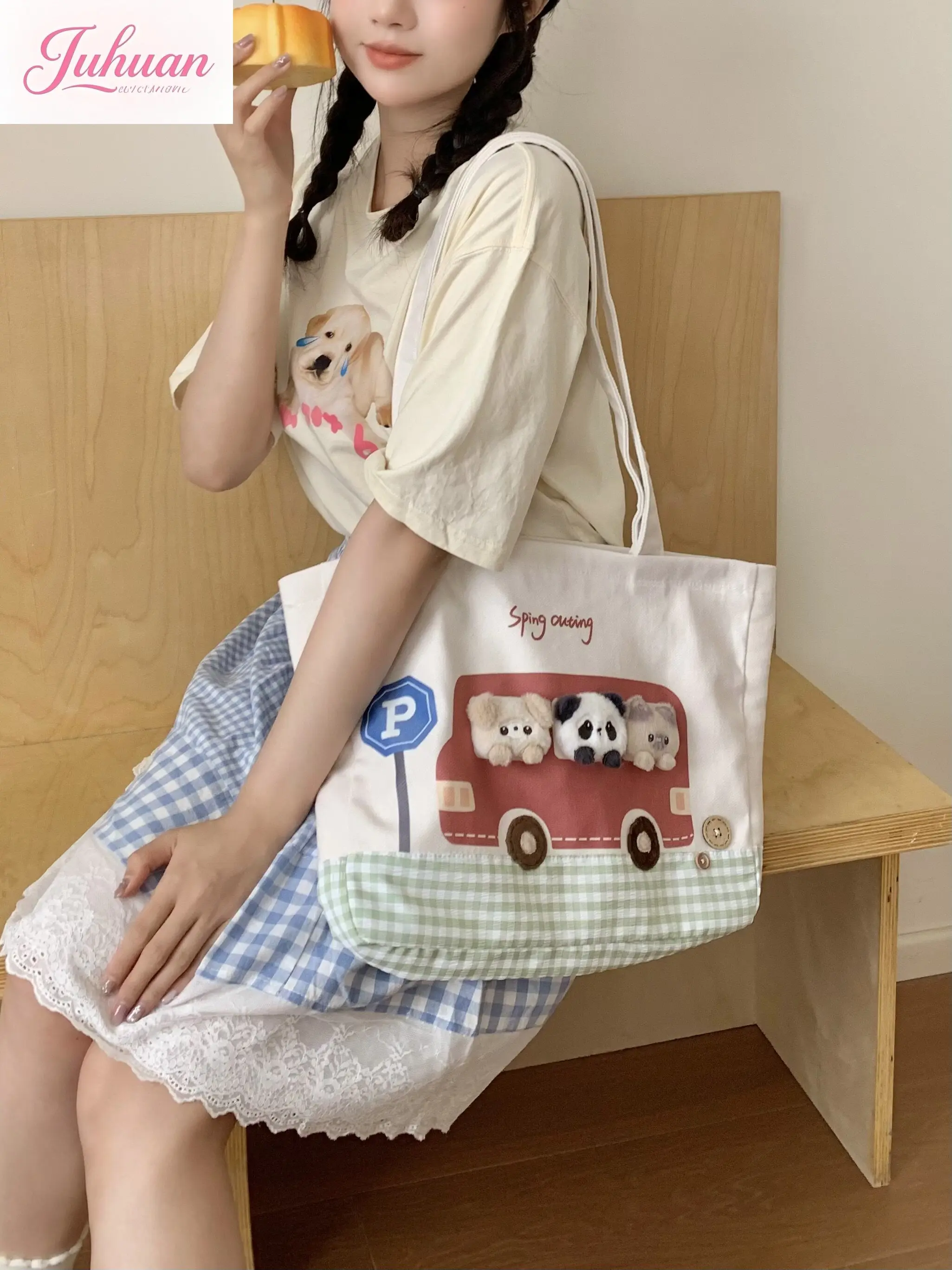 Japanese Original Cartoon Bus Animal Canvas Bag Girl Cute Childlike Fun Small Animal Shopping Bag Handbag Shoulder Bags Woman