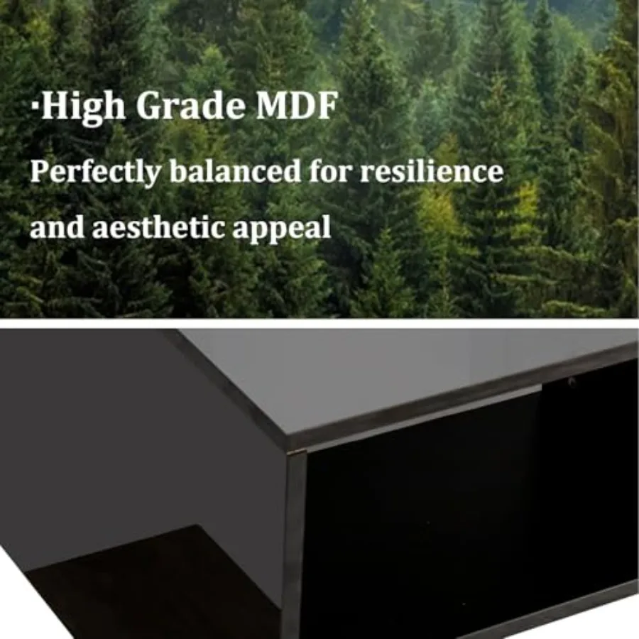 طاولة القهوة السوداء لغرفة المعيشة مع LED 35x22x16 بوصة طاولة القهوة الحد الأدنى طاولة مركزية ذكية 2 طبقة مستطيل صناعي Co