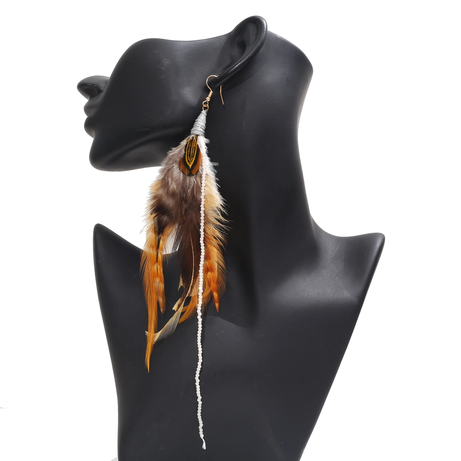 1 brown Bohemian ethnic style feather earring set with handmade beaded women\'s earrings