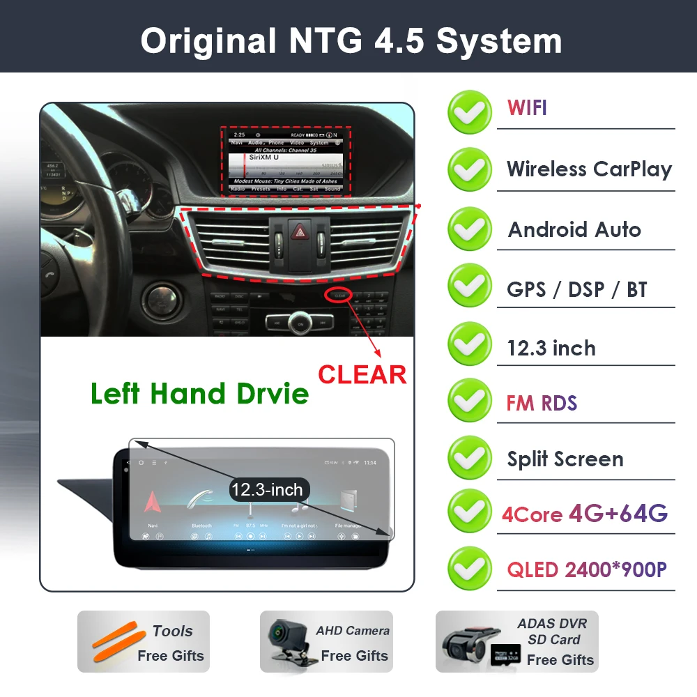 Draadloze Carplay voor Mercedes Benz E-Klasse W212 2009-2015 Android 16 autoradio video DSP stereo GPS QLED touchscreen 4G WiFi BT