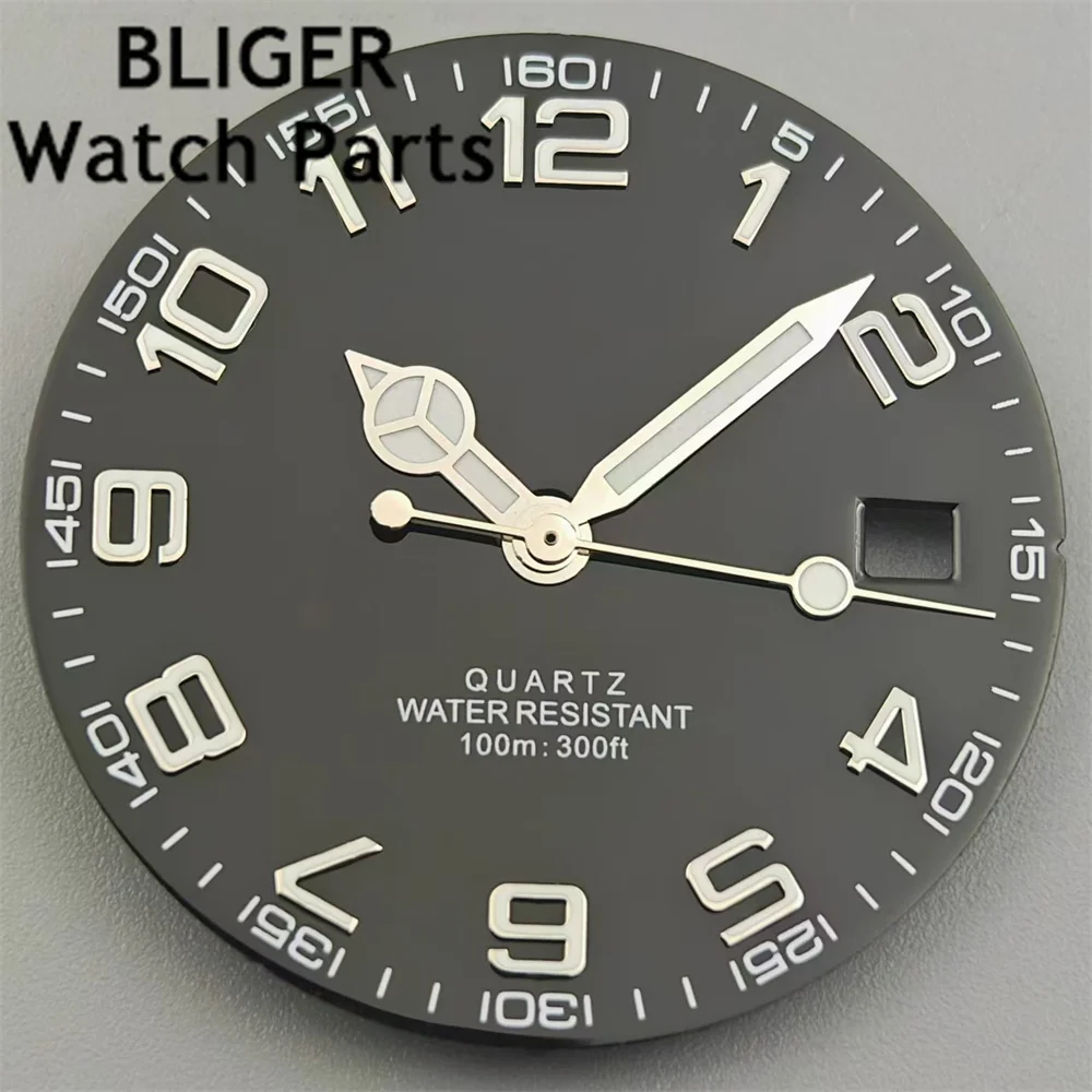 BLIGER 29mm Quartz Watch Dial Black White Blue Dial Green Luminous Fit RONDA 515 Quartz Movement