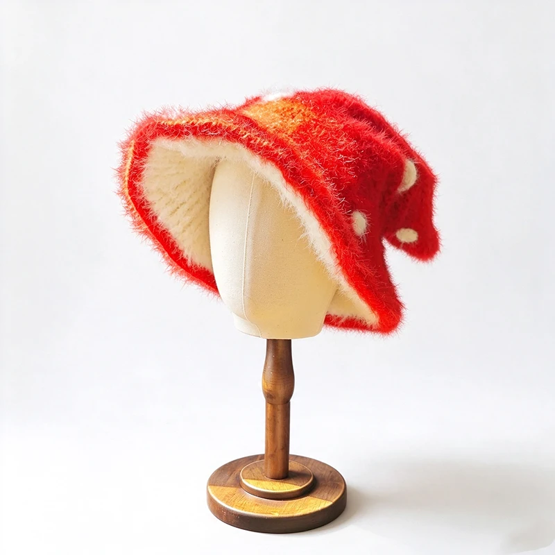 Handmade Red Mushroom Shaped Fluffy Pixie Hat Women Custom Crochet Knitted Wizard Beanie Men Cosplay Funny Kawaii Unisex Caps
