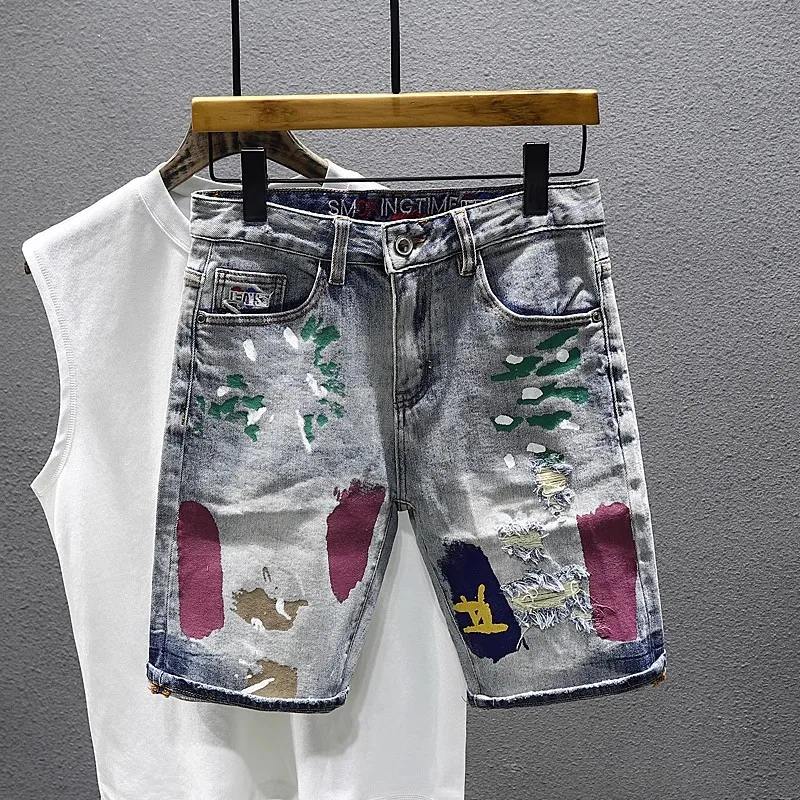 

New Summer Men Printed Ripped Denim Shorts Jeans Male Stretch Casual Trendy Denim Shorts Top Quality Man Cotton Jeans Shorts 38