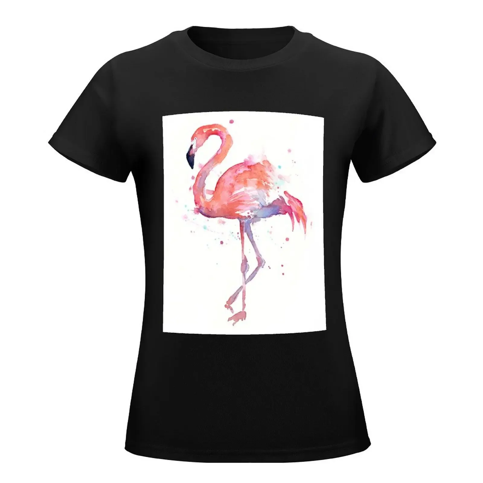 Pink Flamingo Watercolor Illustration T-Shirt cute tops korean fashion Woman clothes